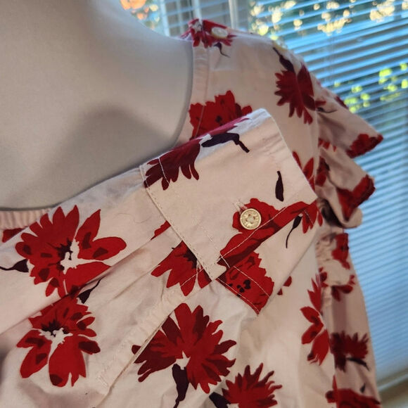 Free Assembly $24 XXL Red Floral 100% Cotton Button Ruffle Shoulder Top - Picture 7 of 14